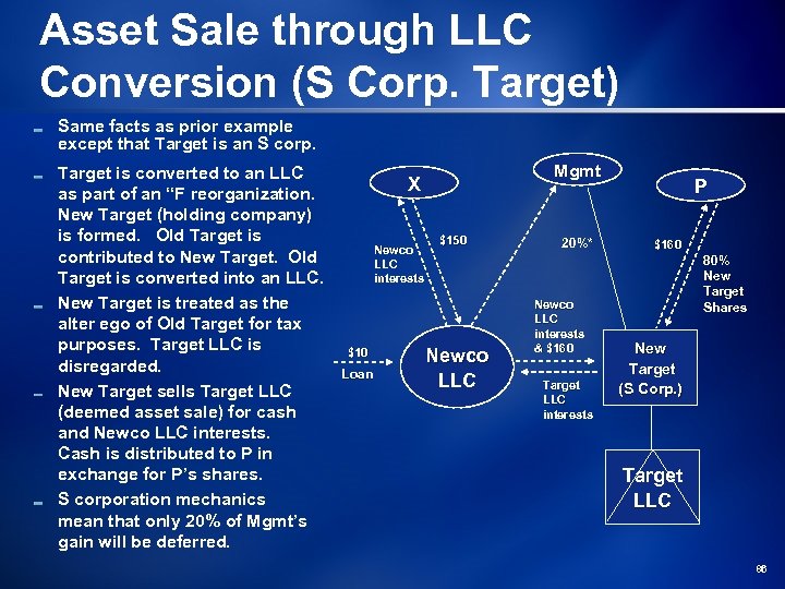 Asset Sale through LLC Conversion (S Corp. Target) Same facts as prior example except