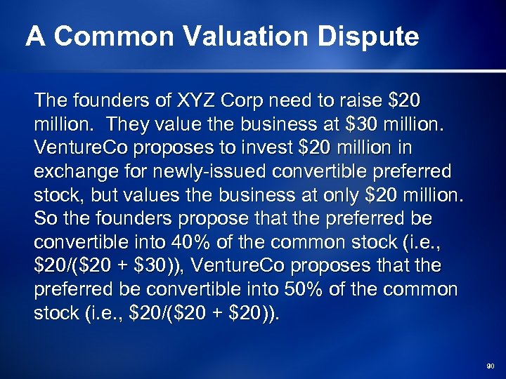 A Common Valuation Dispute The founders of XYZ Corp need to raise $20 million.