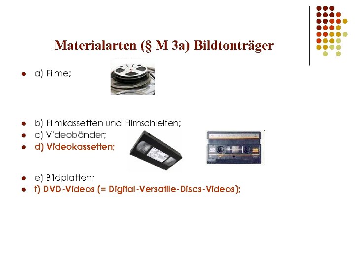 Materialarten (§ M 3 a) Bildtonträger l a) Filme; l b) Filmkassetten und Filmschleifen;