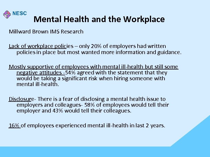 NESC Mental Health and the Workplace Millward Brown IMS Research Lack of workplace policies