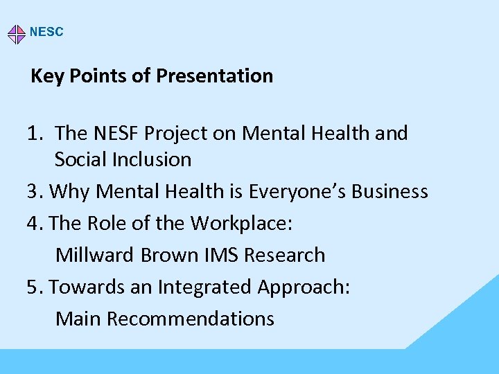 NESC Key Points of Presentation 1. The NESF Project on Mental Health and Social
