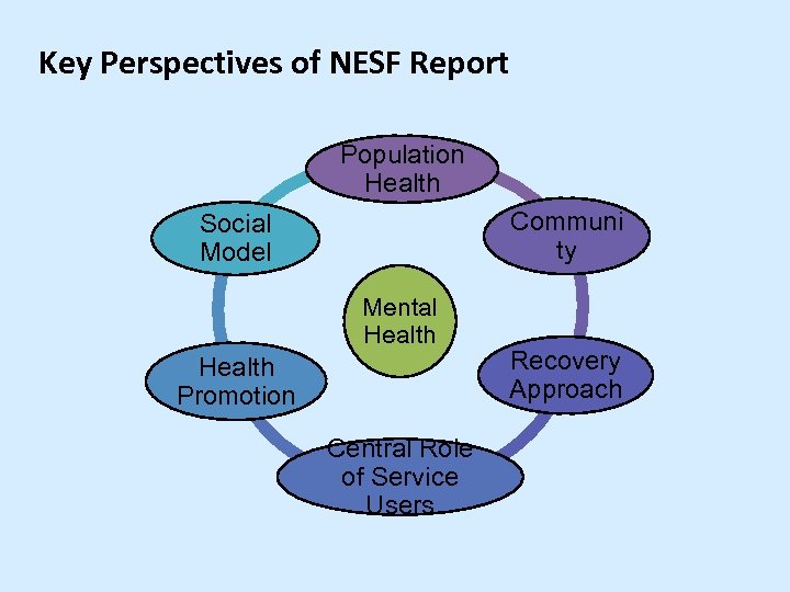 Key Perspectives of NESF Report Population Health Communi ty Social Model Mental Health Promotion