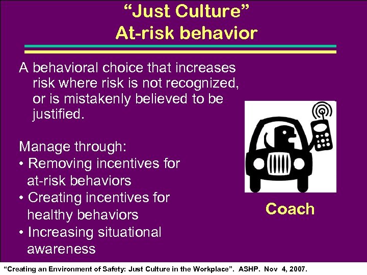 “Just Culture” At-risk behavior A behavioral choice that increases risk where risk is not