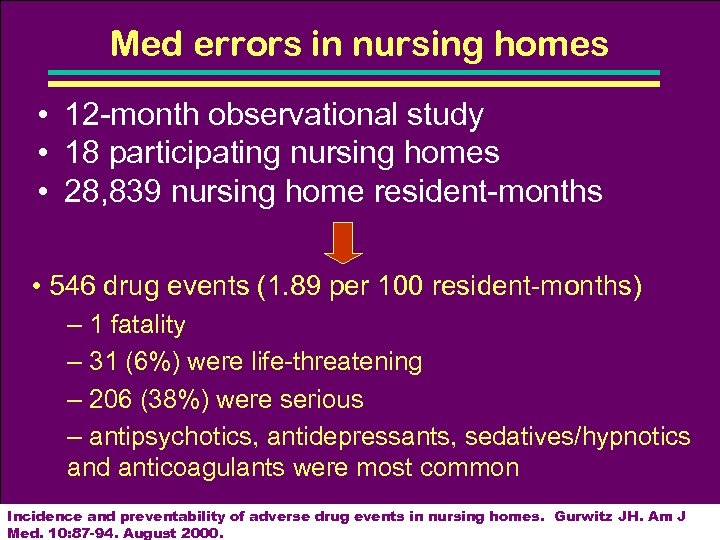 Med errors in nursing homes • 12 -month observational study • 18 participating nursing