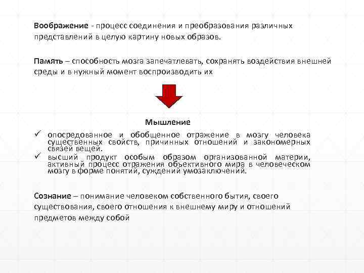 Воображение - процесс соединения и преобразования различных представлений в целую картину новых образов. Память