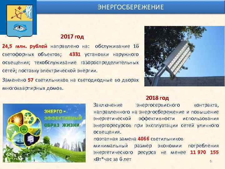 ЭНЕРГОСБЕРЕЖЕНИЕ 2017 год 24, 5 млн. рублей направлено на: обслуживание 16 светофорных объектов; 4331