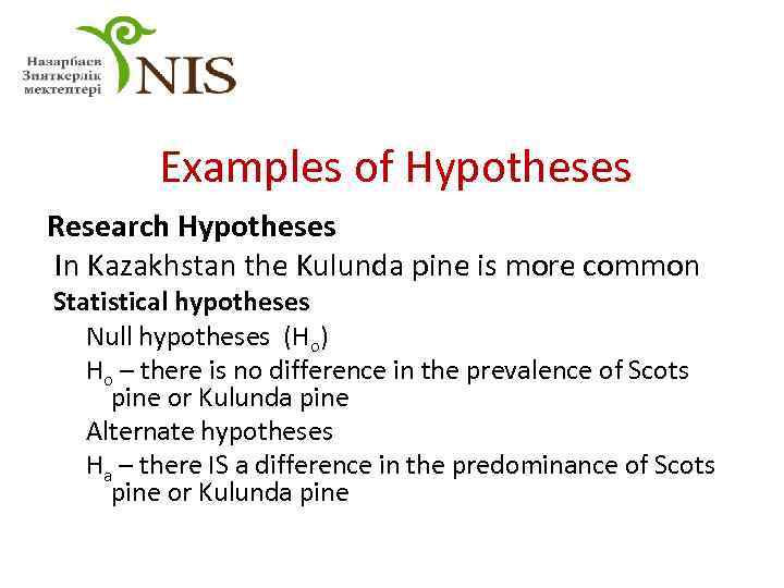 Examples of Hypotheses Research Hypotheses In Kazakhstan the Kulunda pine is more common Statistical