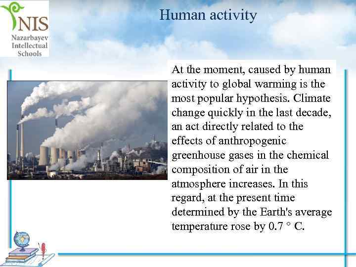 Human activity At the moment, caused by human activity to global warming is the