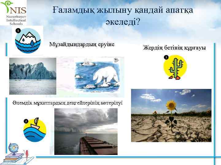 Ғаламдық жылыну қандай апатқа әкеледі? Мұзайдындардың еруіне Әлемдік мұхиттардың деңгейлерінің көтерілуі Жердің бетінің құрғауы