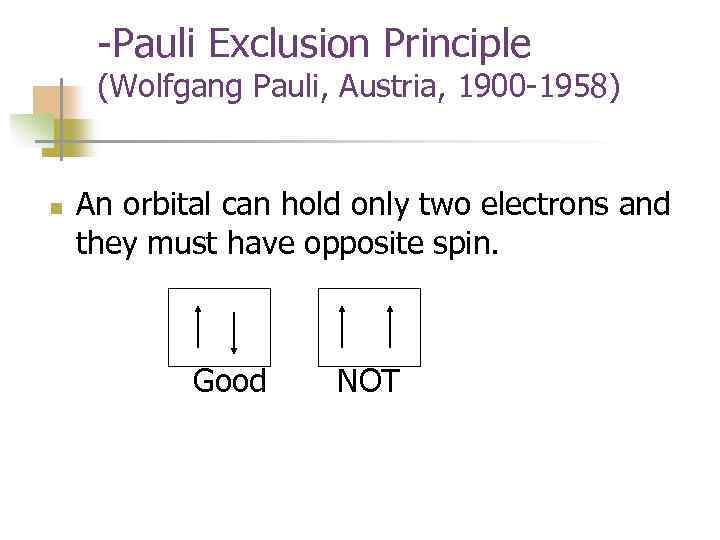 -Pauli Exclusion Principle (Wolfgang Pauli, Austria, 1900 -1958) n An orbital can hold only