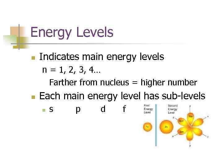 Energy Levels n Indicates main energy levels n = 1, 2, 3, 4… Farther