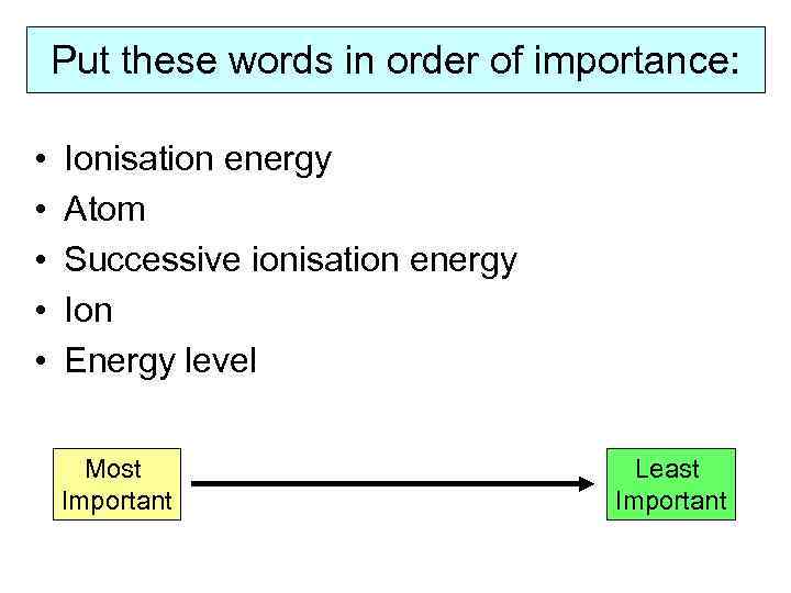 Put these words in order of importance: • • • Ionisation energy Atom Successive
