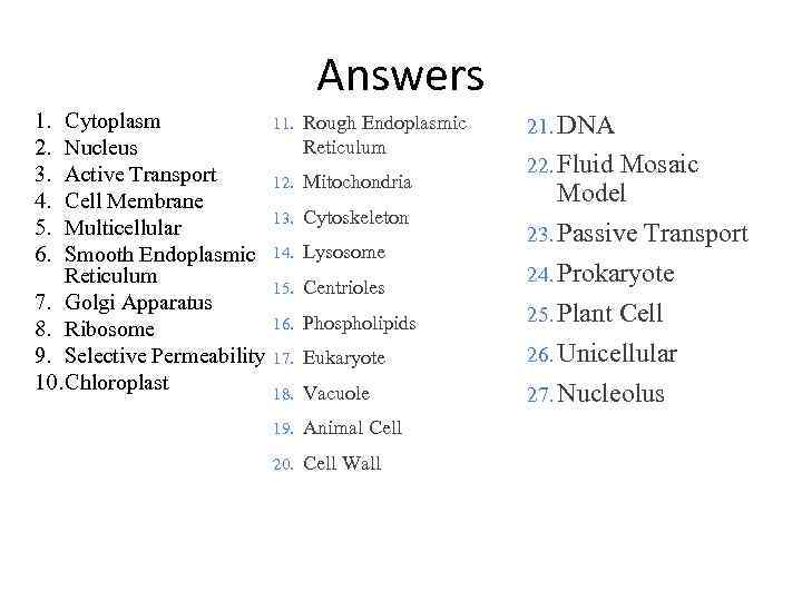 Answers 1. 2. 3. 4. 5. 6. Cytoplasm Nucleus Active Transport Cell Membrane Multicellular