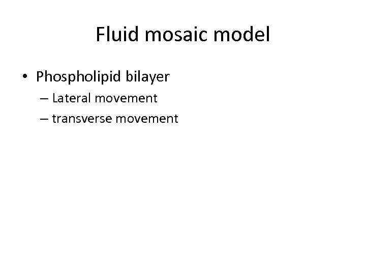 Fluid mosaic model • Phospholipid bilayer – Lateral movement – transverse movement 