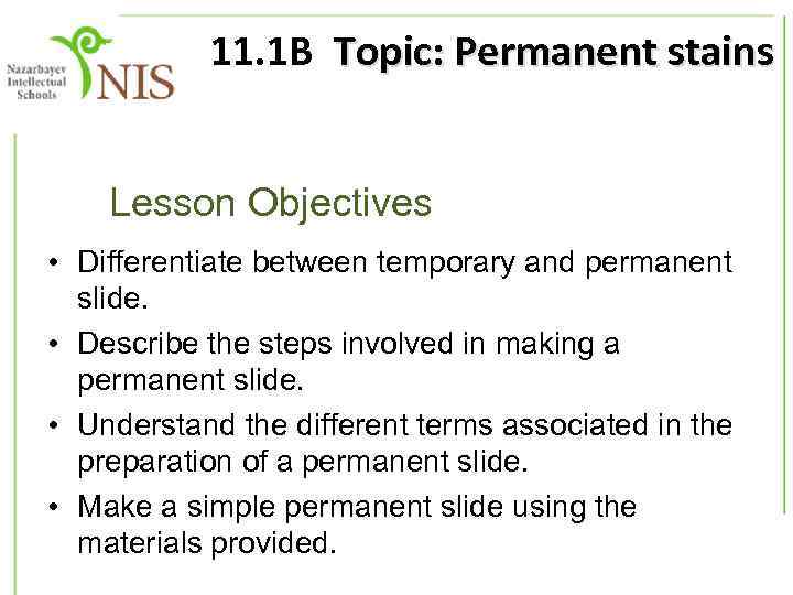 11. 1 B Topic: Permanent stains Lesson Objectives • Differentiate between temporary and permanent