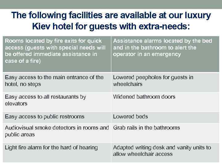 The following facilities are available at our luxury Kiev hotel for guests with extra-needs: