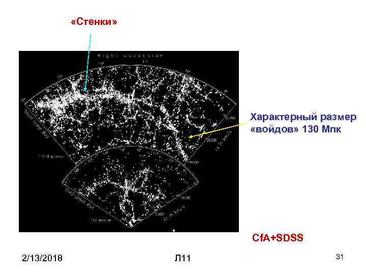  «Стенки» Характерный размер «войдов» 130 Мпк Cf. A+SDSS 2/13/2018 Л 11 31 