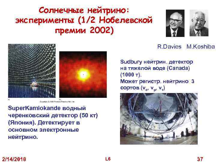 Солнечные нейтрино: эксперименты (1/2 Нобелевской премии 2002) R. Davies M. Koshiba Sudbury нейтрин. детектор