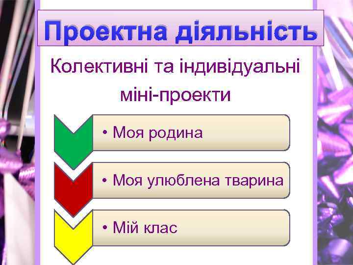 Проектна діяльність Колективні та індивідуальні міні-проекти • Моя родина • Моя улюблена тварина •