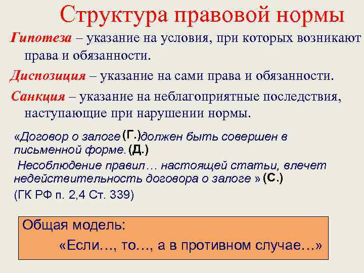 Структура правовой нормы Гипотеза – указание на условия, при которых возникают права и обязанности.