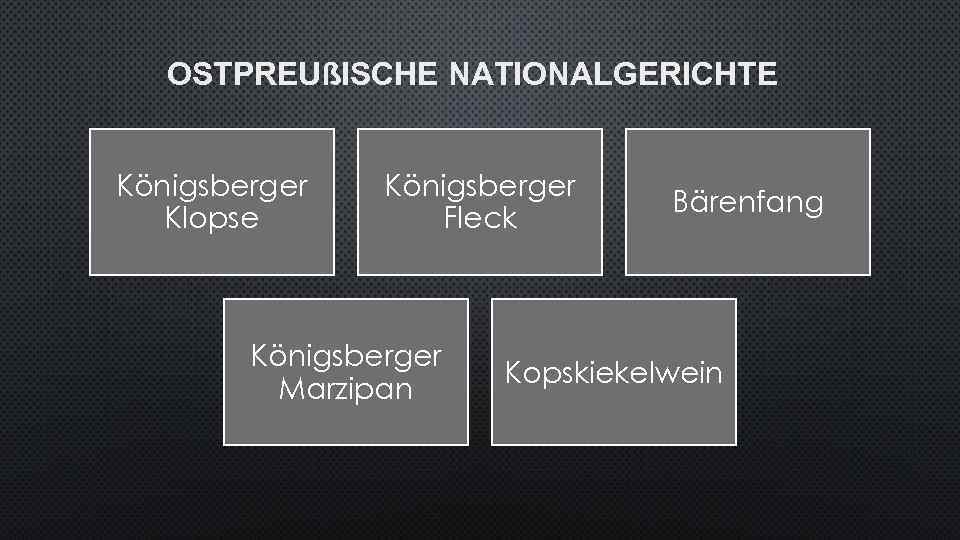 OSTPREUßISCHE NATIONALGERICHTE Königsberger Klopse Königsberger Fleck Königsberger Marzipan Bärenfang Kopskiekelwein 
