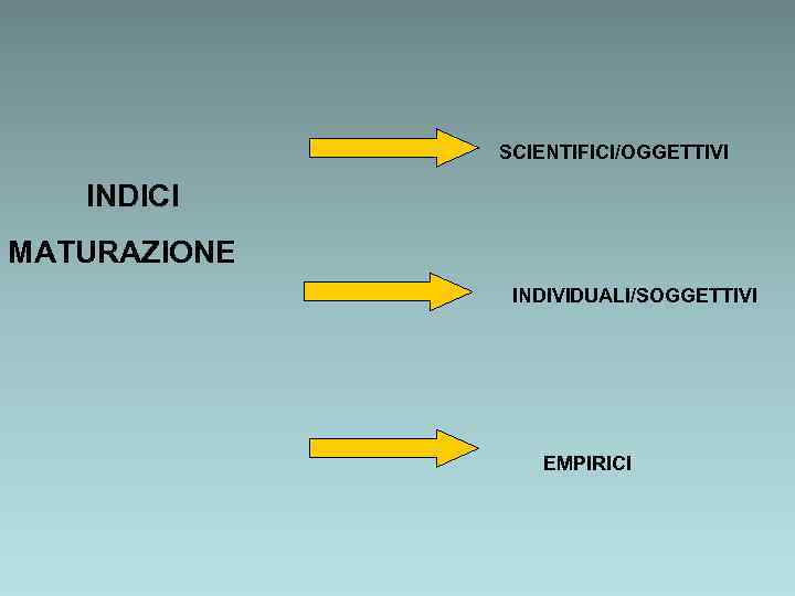 SCIENTIFICI/OGGETTIVI INDICI MATURAZIONE INDIVIDUALI/SOGGETTIVI EMPIRICI 
