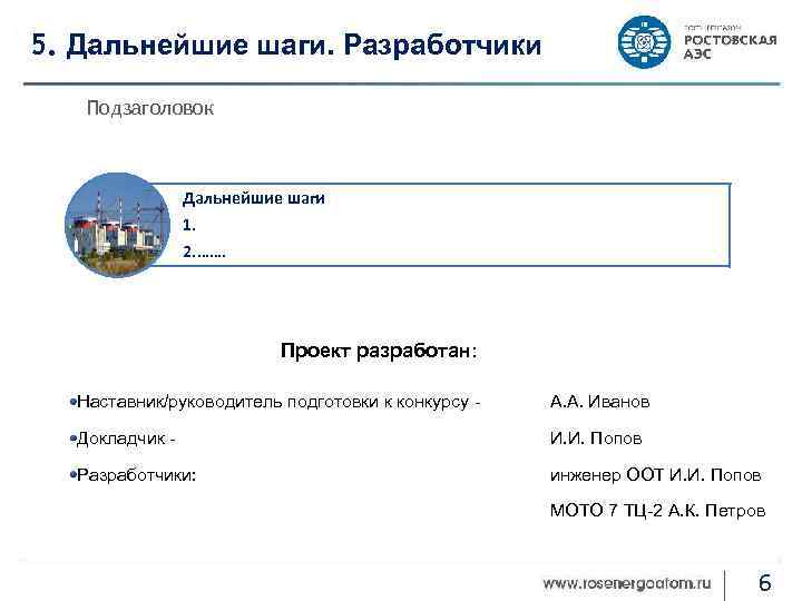 5. Дальнейшие шаги. Разработчики Подзаголовок Дальнейшие шаги 1. 2. ……. Проект разработан: Наставник/руководитель подготовки