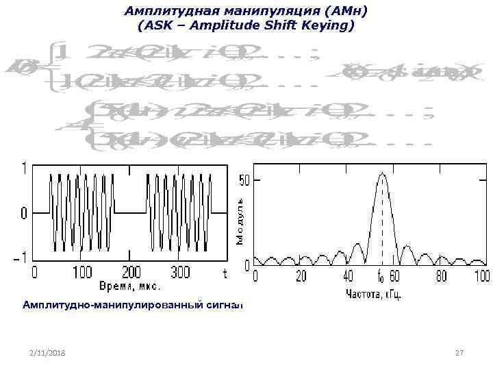 Амплитудная манипуляция (АМн) (ASK – Amplitude Shift Keying) Амплитудно-манипулированный сигнал 2/11/2018 27 