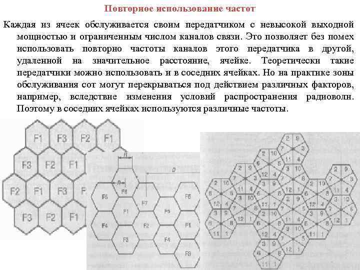 Повторное использование частот Каждая из ячеек обслуживается своим передатчиком с невысокой выходной мощностью и