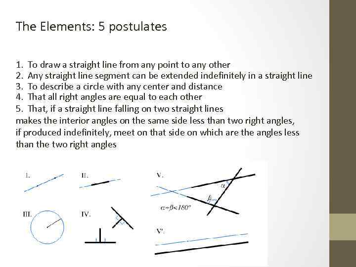 The Elements: 5 postulates 1. To draw a straight line from any point to