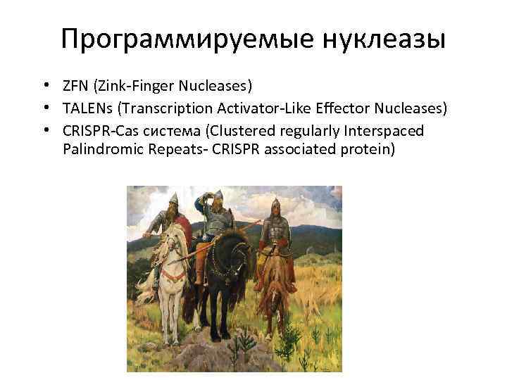 Программируемые нуклеазы • ZFN (Zink-Finger Nucleases) • TALENs (Transcription Activator-Like Effector Nucleases) • CRISPR-Cas