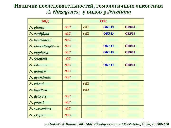 Наличие последовательностей, гомологичных онкогенам A. rhizogenes, у видов р. Nicotiana ВИД ГЕН N. glauca