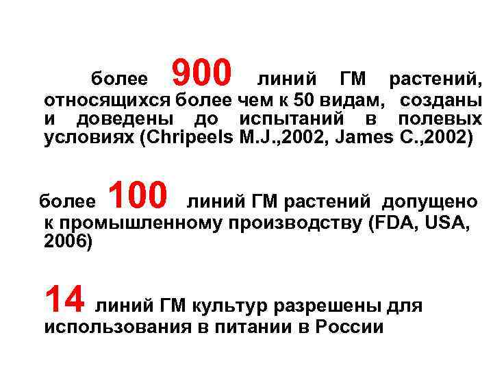 900 более линий ГМ растений, относящихся более чем к 50 видам, созданы и доведены