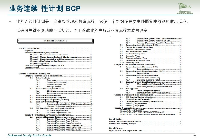 业务连续 性计 划 BCP • 业务连续性计划是一套高级管理和规章流程，它使一个组织在突发事件面前能够迅速做出反应， 以确保关键业务功能可以持续，而不造成业务中断或业务流程本质的改变。 Professional Security Solution Provider 14 