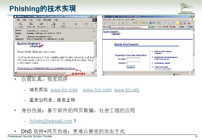 Phishing的技术实现 • 以假乱真，视觉陷阱 – 域名类似 www. lcc. com – www. 1 cc. com www.