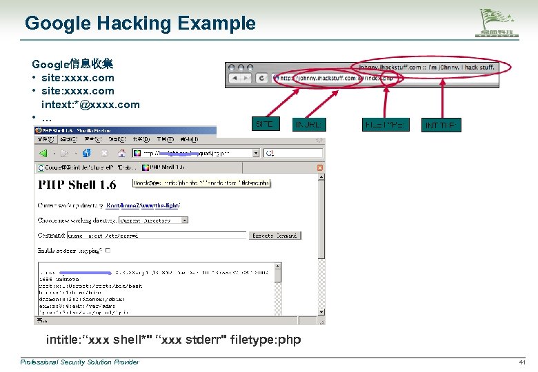 Google Hacking Example Google信息收集 • site: xxxx. com intext: *@xxxx. com • … intitle: