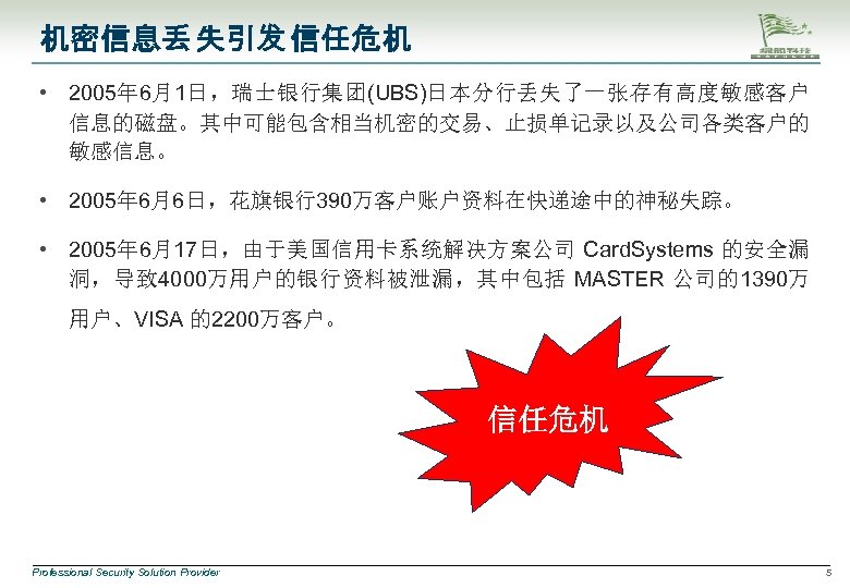 机密信息丢 失引发 信任危机 • 2005年 6月1日，瑞士银行集团(UBS)日本分行丢失了一张存有高度敏感客户 信息的磁盘。其中可能包含相当机密的交易、止损单记录以及公司各类客户的 敏感信息。 • 2005年 6月6日，花旗银行390万客户账户资料在快递途中的神秘失踪。 • 2005年 6月17日，由于美国信用卡系统解决方案公司
