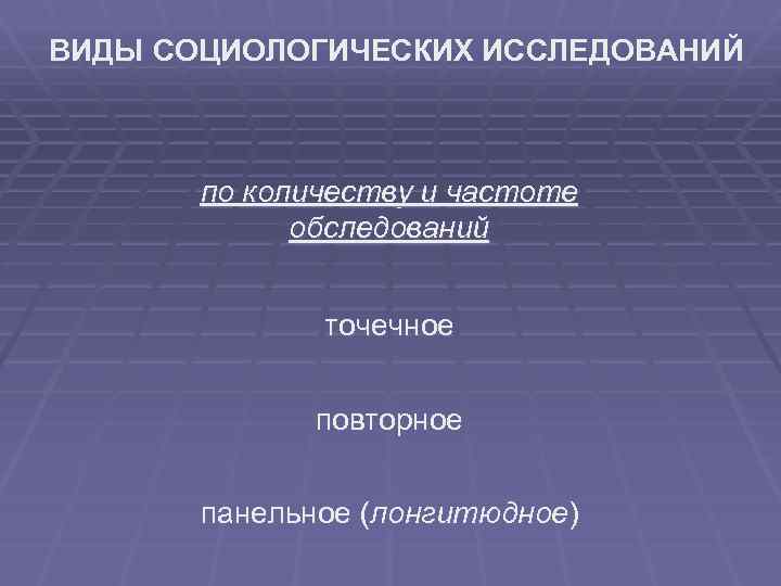 ВИДЫ СОЦИОЛОГИЧЕСКИХ ИССЛЕДОВАНИЙ по количеству и частоте обследований точечное повторное панельное (лонгитюдное) 