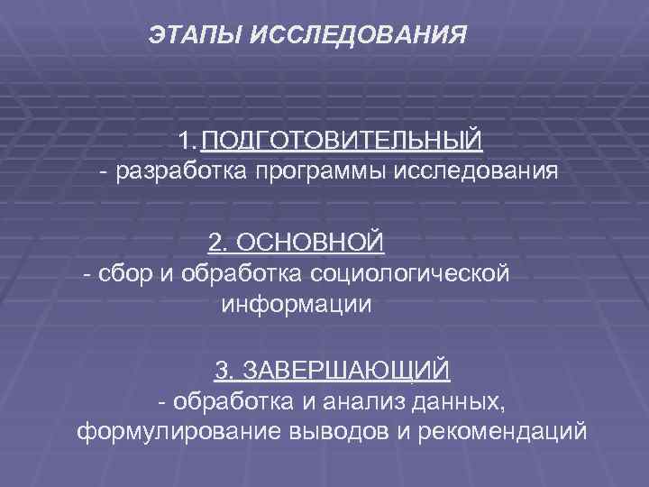 ЭТАПЫ ИССЛЕДОВАНИЯ 1. ПОДГОТОВИТЕЛЬНЫЙ - разработка программы исследования 2. ОСНОВНОЙ - сбор и обработка