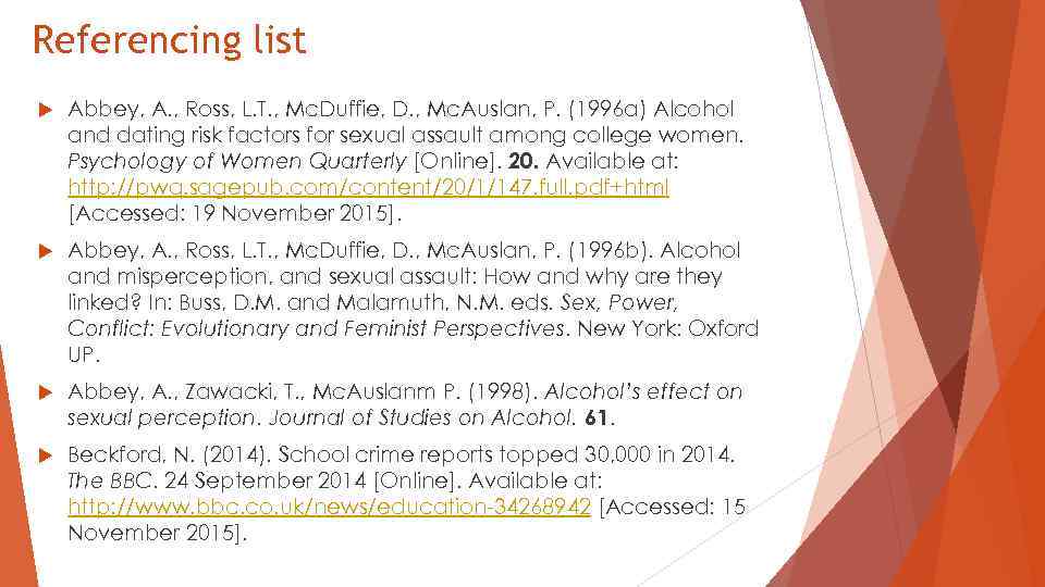 Referencing list Abbey, A. , Ross, L. T. , Mc. Duffie, D. , Mc.