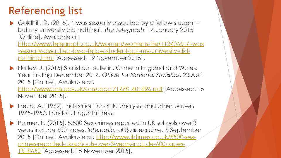 Referencing list Goldhill, O. (2015). ‘I was sexually assaulted by a fellow student –