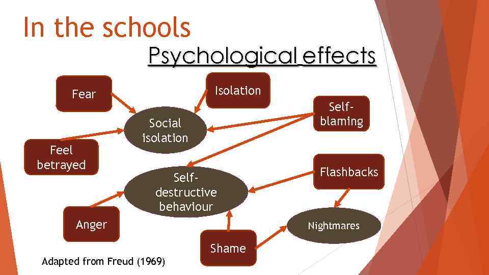 In the schools Psychological effects Isolation Fear Feel betrayed Selfblaming Social isolation Selfdestructive behaviour