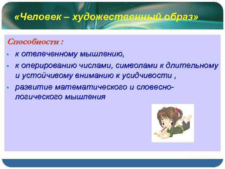  «Человек – художественный образ» Способности : • • • к отвлеченному мышлению, к