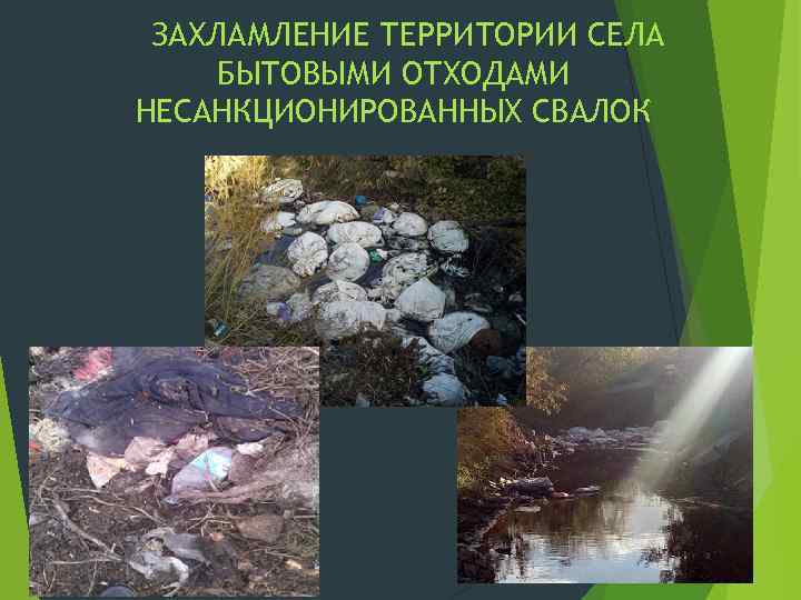 ЗАХЛАМЛЕНИЕ ТЕРРИТОРИИ СЕЛА БЫТОВЫМИ ОТХОДАМИ НЕСАНКЦИОНИРОВАННЫХ СВАЛОК 