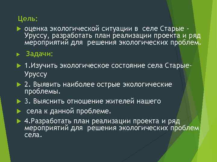Цель: оценка экологической ситуации в селе Старые Уруссу, разработать план реализации проекта и ряд
