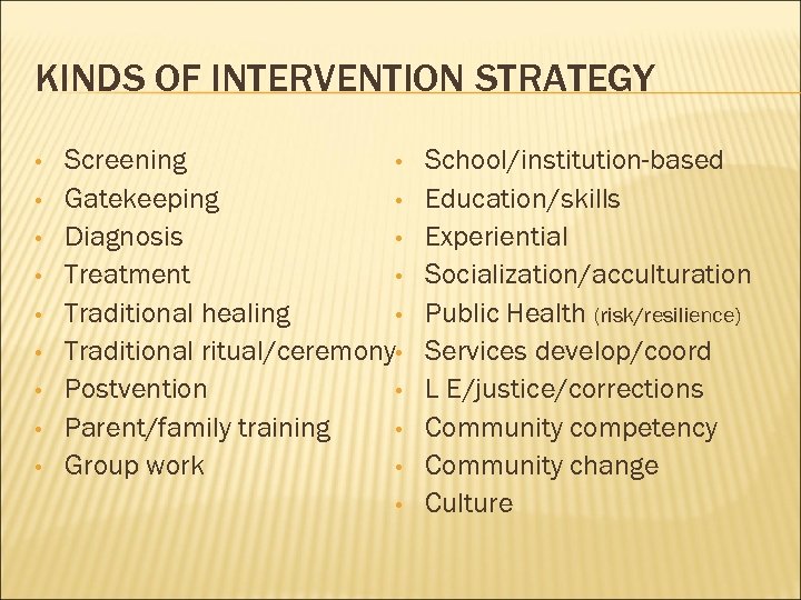 KINDS OF INTERVENTION STRATEGY • • • Screening • Gatekeeping • Diagnosis • Treatment
