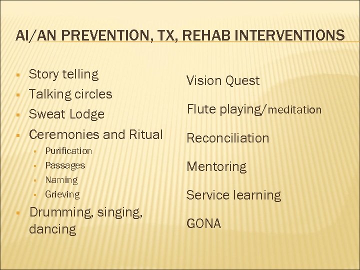 AI/AN PREVENTION, TX, REHAB INTERVENTIONS § § Story telling Talking circles Sweat Lodge Ceremonies