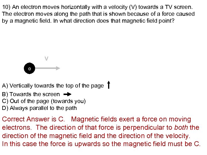 10) An electron moves horizontally with a velocity (V) towards a TV screen. The