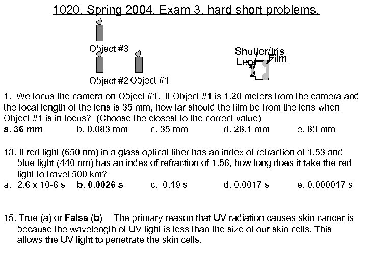1020, Spring 2004, Exam 3. hard short problems. Object #3 Shutter/Iris Lens Film Object