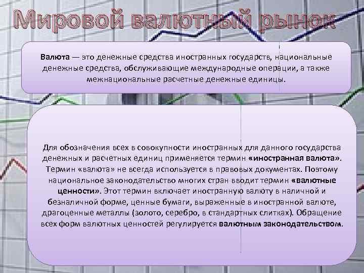 Мировой валютный рынок Валюта — это денежные средства иностранных государств, национальные денежные средства, обслуживающие